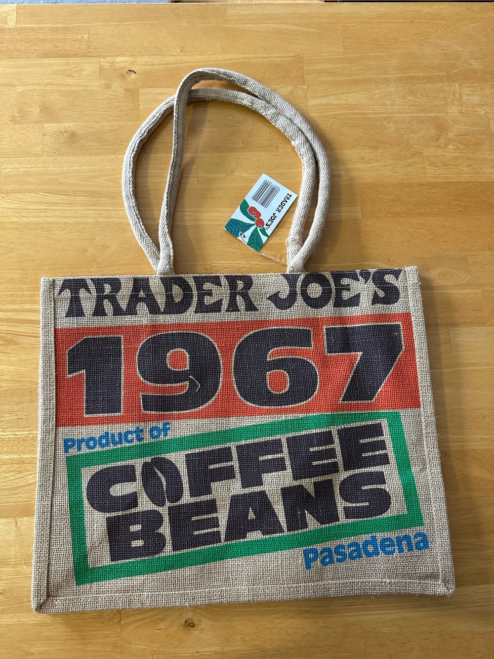 Trader Joe’s Coffee Beans Burlap Tote Bag - Natural with Red, Green, Blue Print